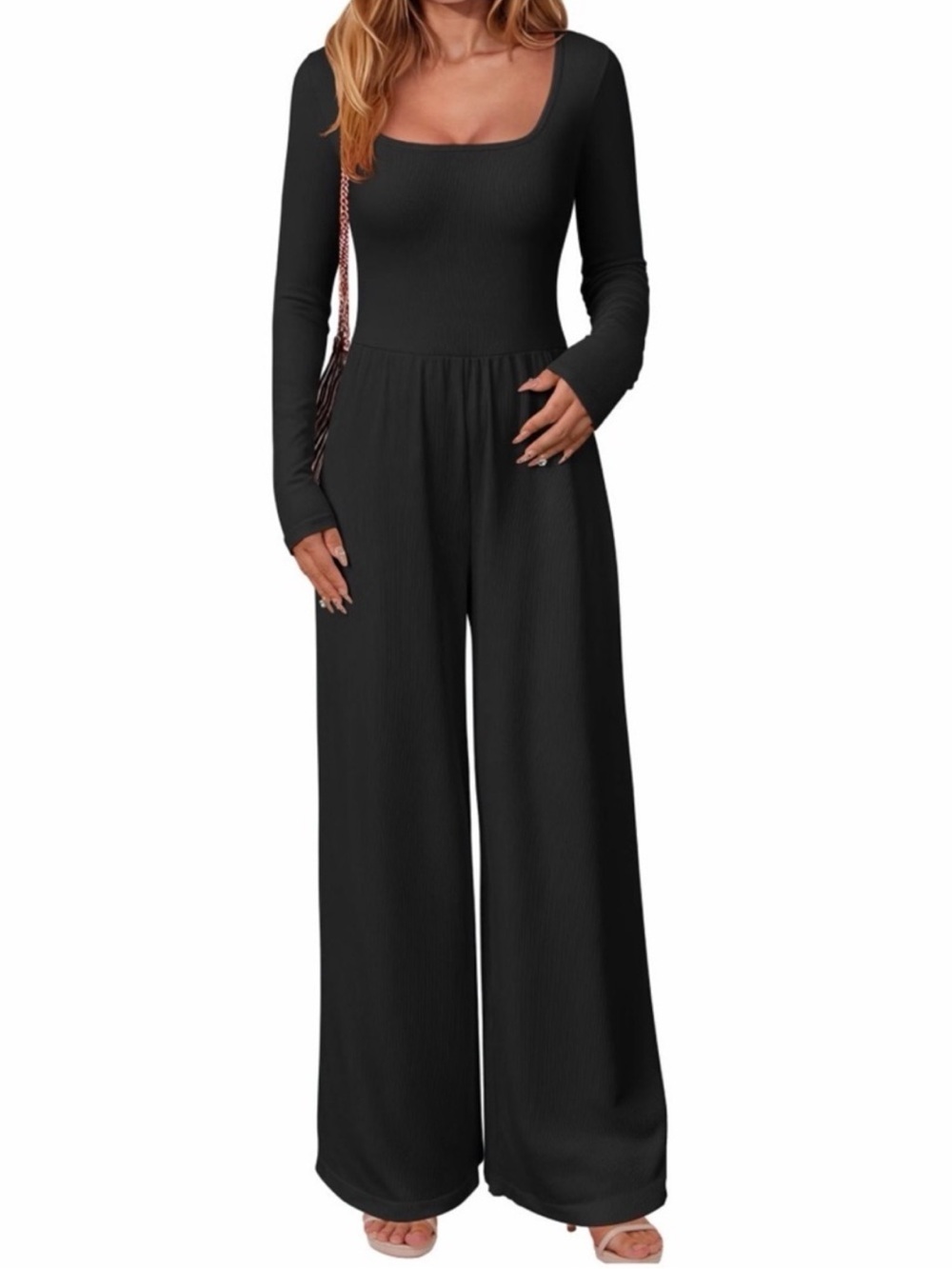 OQQ Long Sleeve Square Neck Wide Leg Ribbed Jumpsuit, Black, NWOT, size S & L
